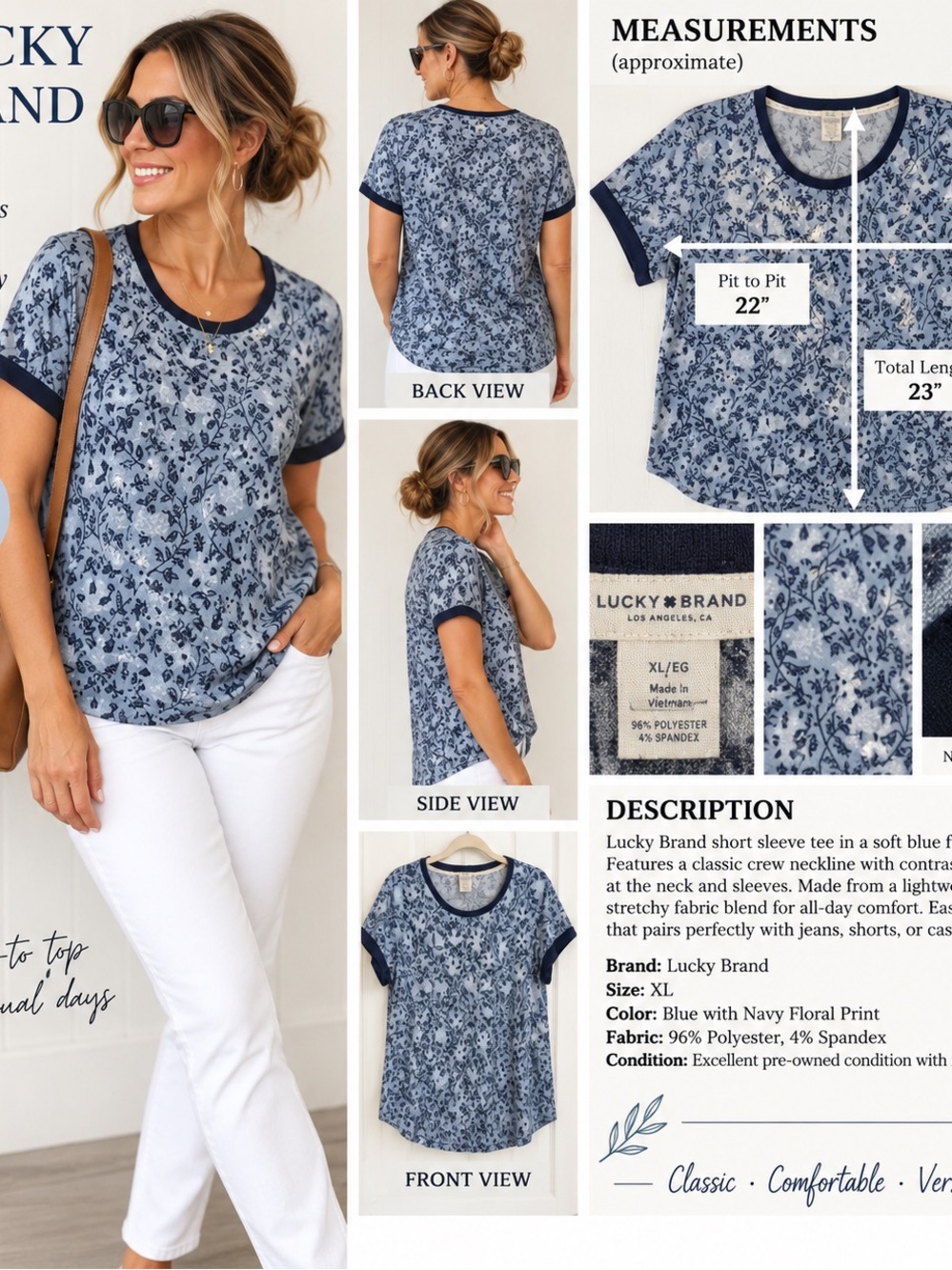 Lucky Brand Blue and Navy Floral Crewneck Short Sleeve Tee #110